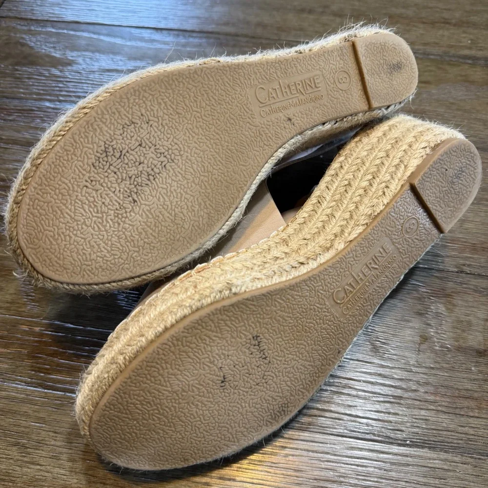 Catherine Malandrino Nude Espadrille Wedge Sandals Gold Buckle Size 8